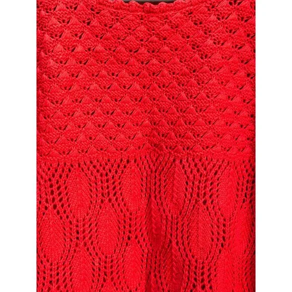 Vtg NOS Bright Orangish Red Hand Knit Cotton Sweater Intricate Patterns Sz XL - Picture 2 of 4